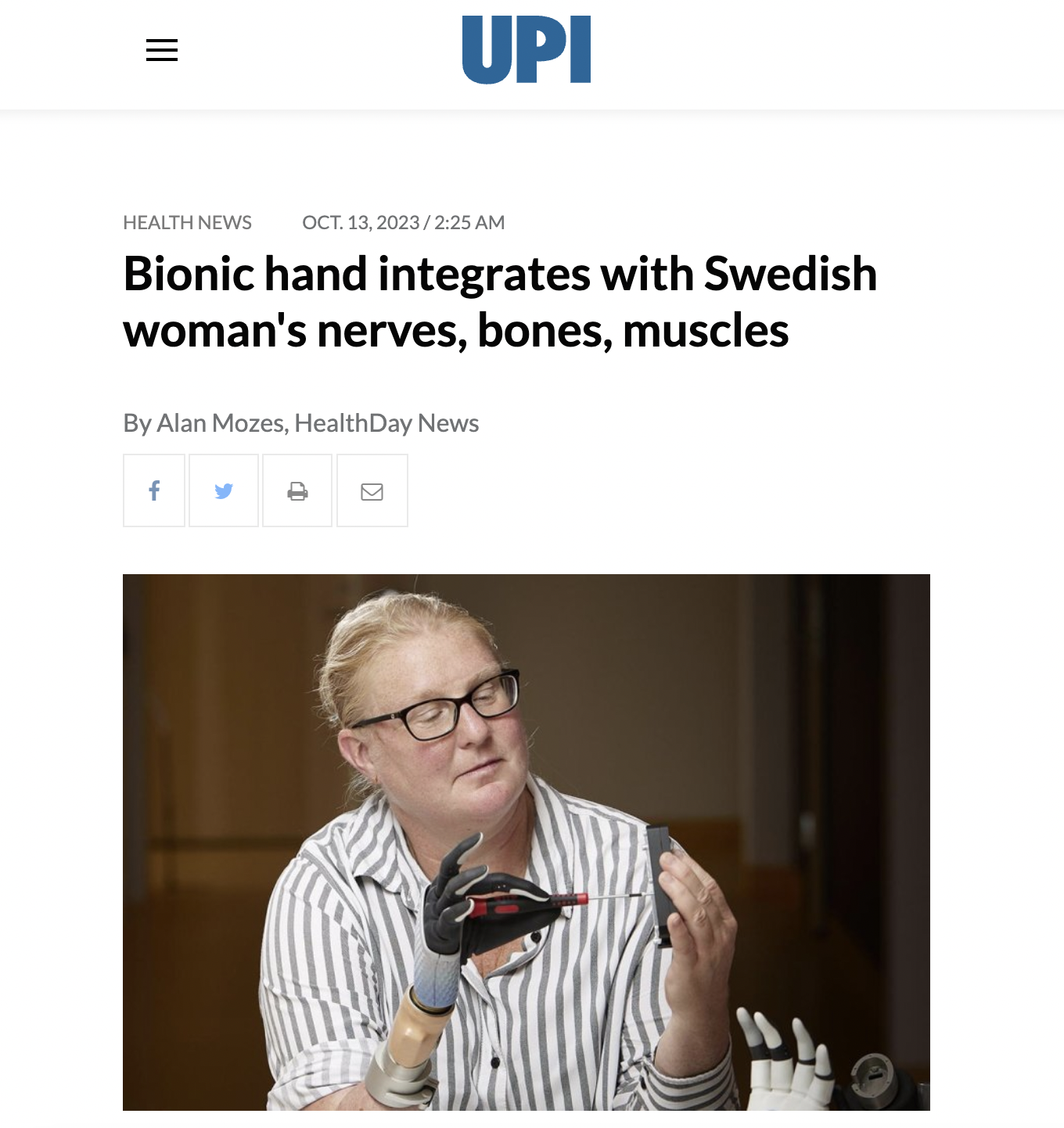 Bionics - Upi Health News Oct. 13,2023225 Am Bionic hand integrates with Swedish woman's nerves, bones, muscles By Alan Mozes, HealthDay News f